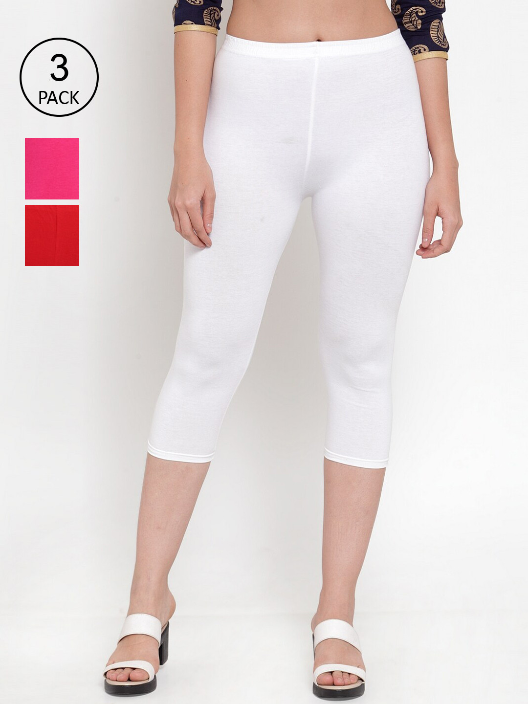

Jinfo Women White & Pink Pack of 3 Slim Fit Cotton Capris