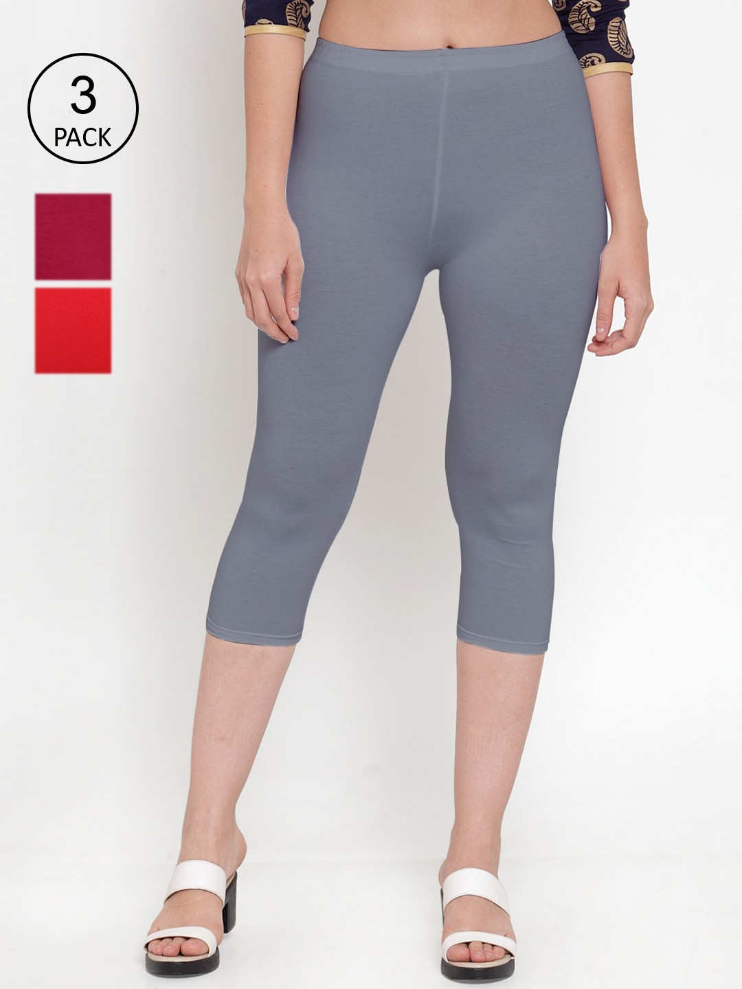 

Jinfo Women Red & Maroon Pack of 3 Capris
