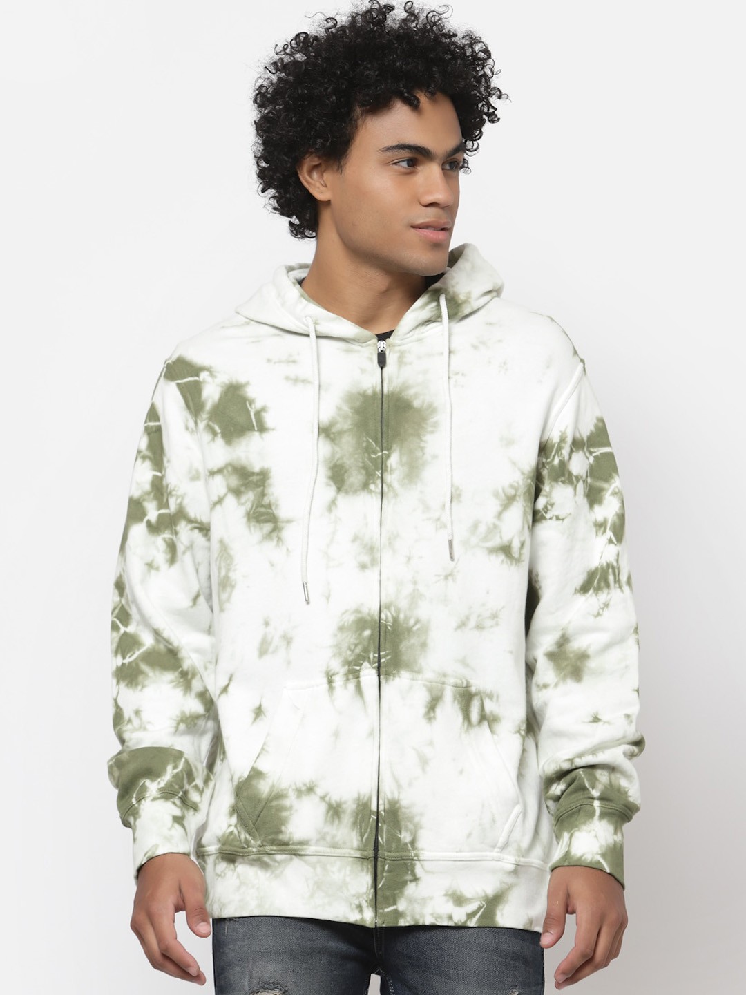 

YOONOY Men Green and White Tie and Dye Cotton Tailored Jacket