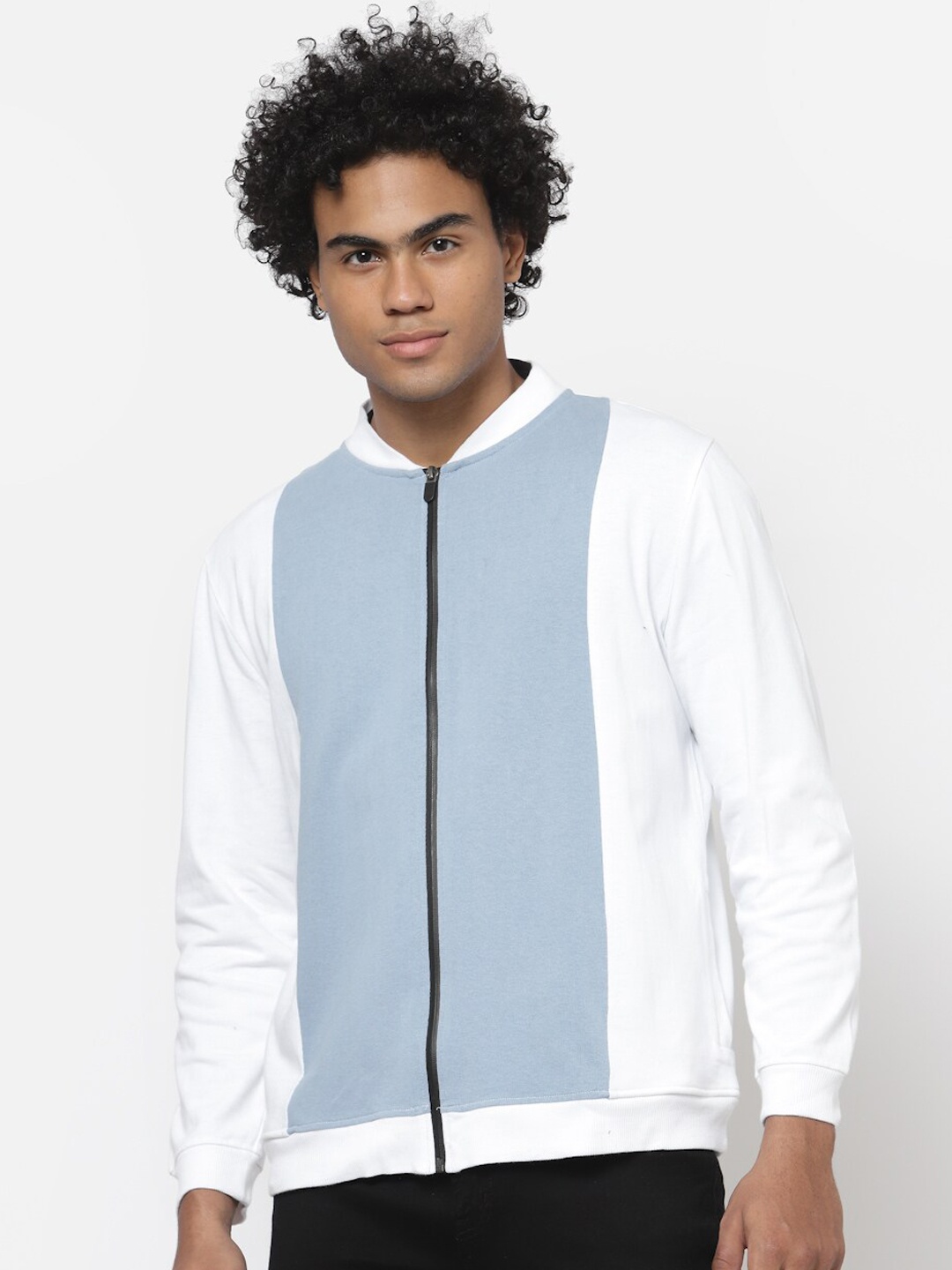 

YOONOY Men White & Blue Colourblocked Pure Cotton Bomber Jacket