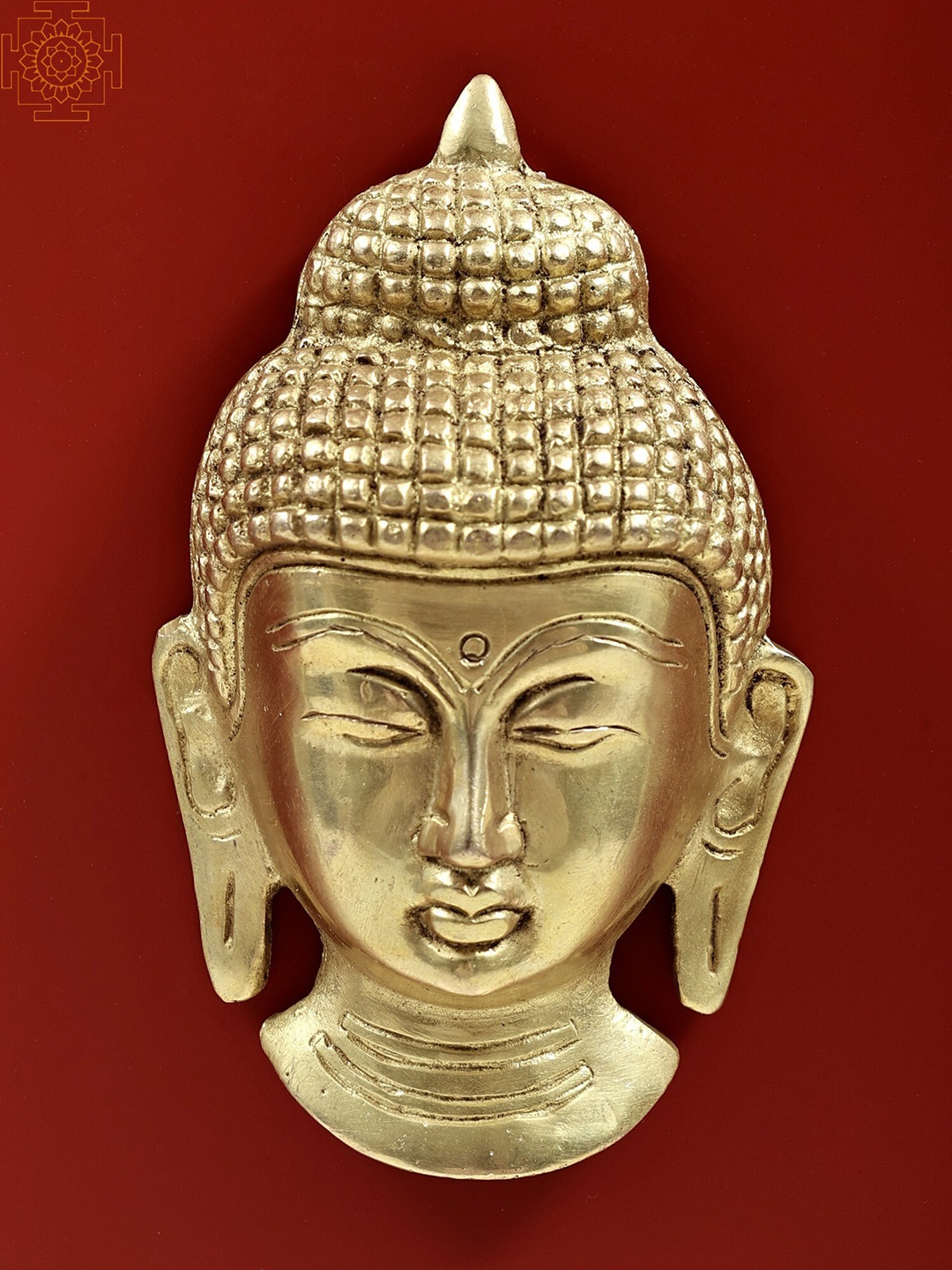 

Exotic India 5" Handcrafted Buddha Head Idol in Brass - Wall Hanging Mask, Gold