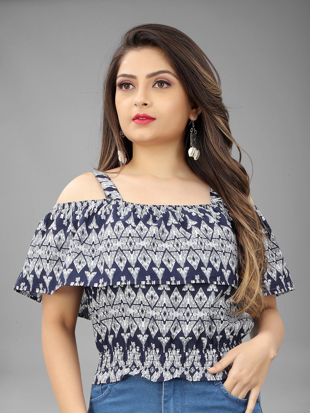 

WEAVETECH IMPEX Blue & Grey Printed Crepe Crop Top