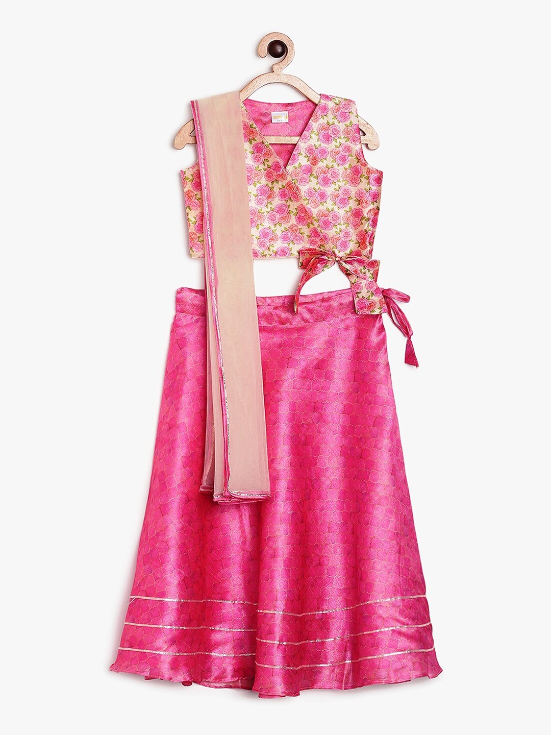 

Aomi Girls Pink & Beige Printed Ready to Wear Lehenga & Blouse With Dupatta