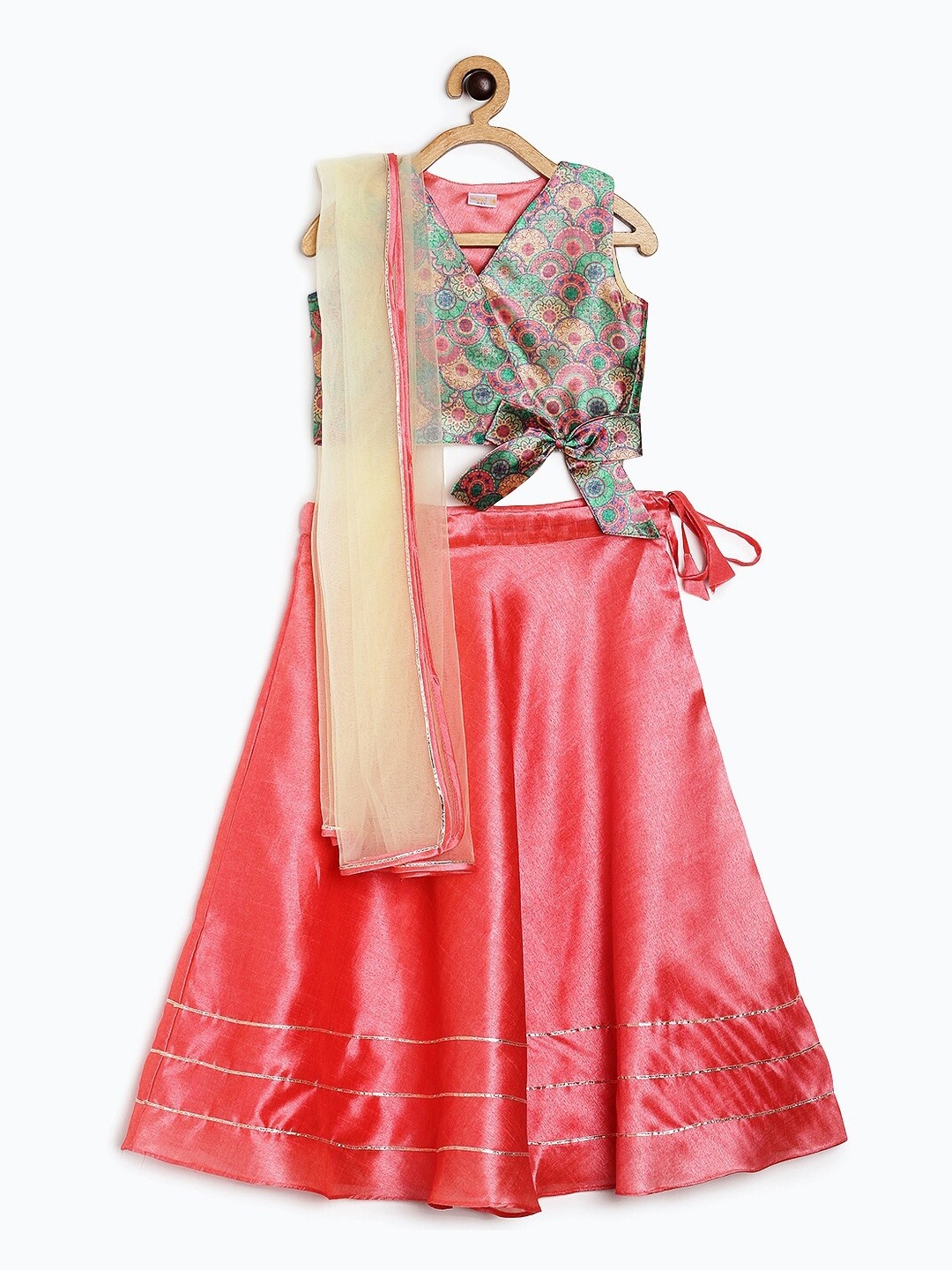 

Aomi Girls Peach & Green Printed Ready to Wear Lehenga & Blouse With Dupatta