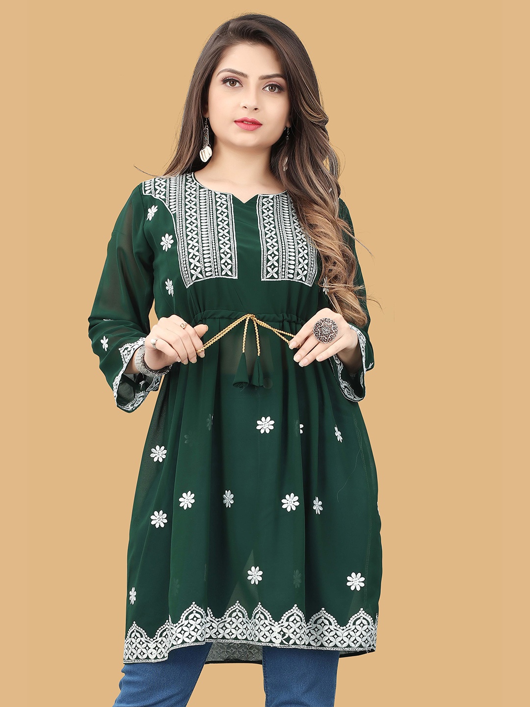 

WEAVETECH IMPEX Women Green Embroidered Yoke Design Semi Sheer Longline Top