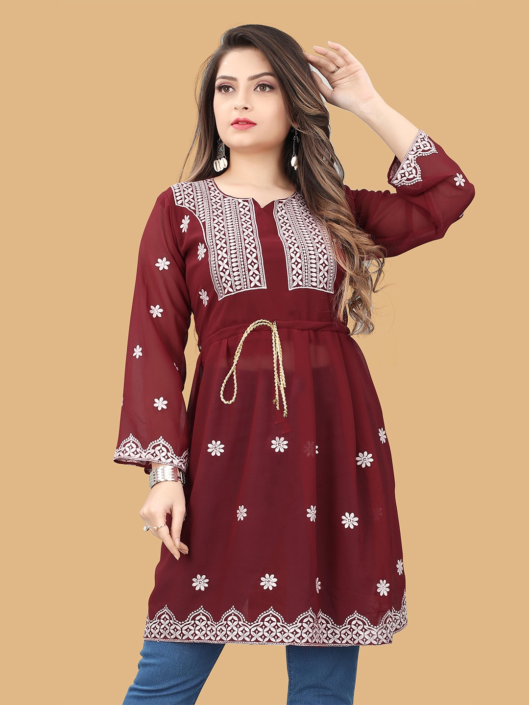 

WEAVETECH IMPEX Maroon Embroidered Yoke Design Semi Sheer Longline Top