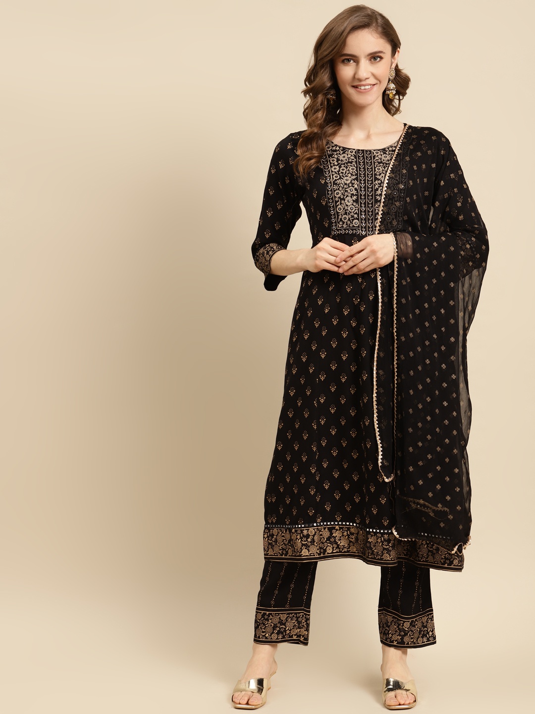 

Prakhya Women Black Ethnic Motifs Printed Gotta Patti Kurta with Palazzos & Dupatta