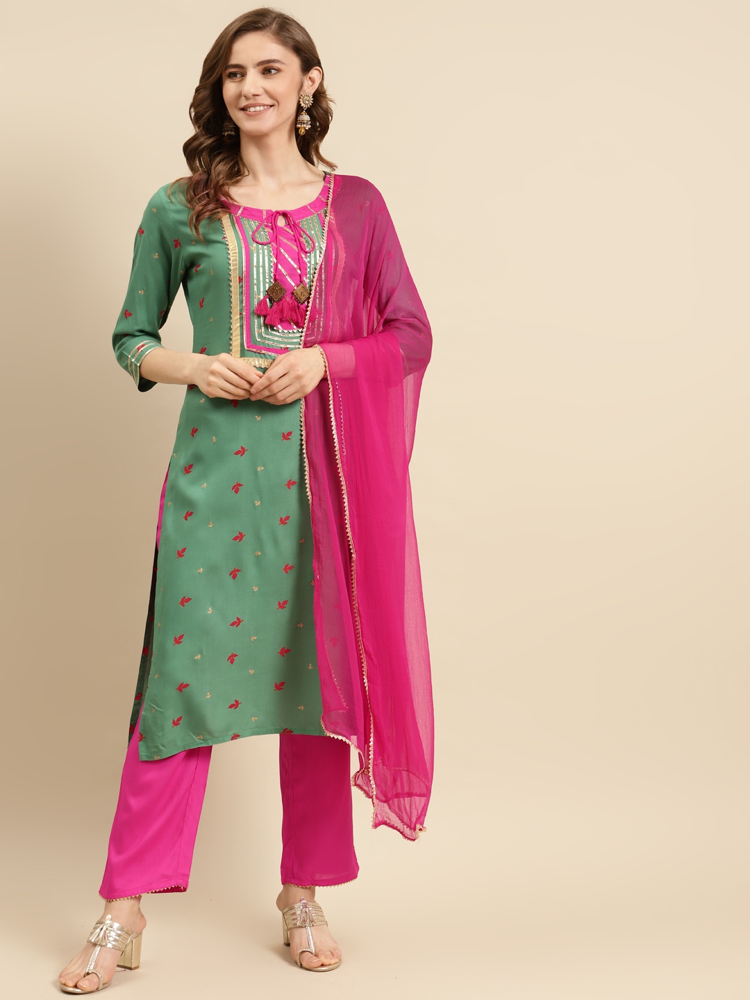 

Prakhya Women Green Ethnic Motifs Printed Gotta Patti Kurta with Palazzos & Dupatta