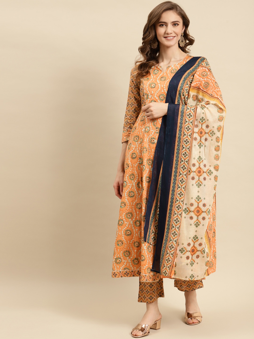 

Prakhya Women Orange Ethnic Motifs Printed Pure Cotton Kurta with Palazzos & Dupatta