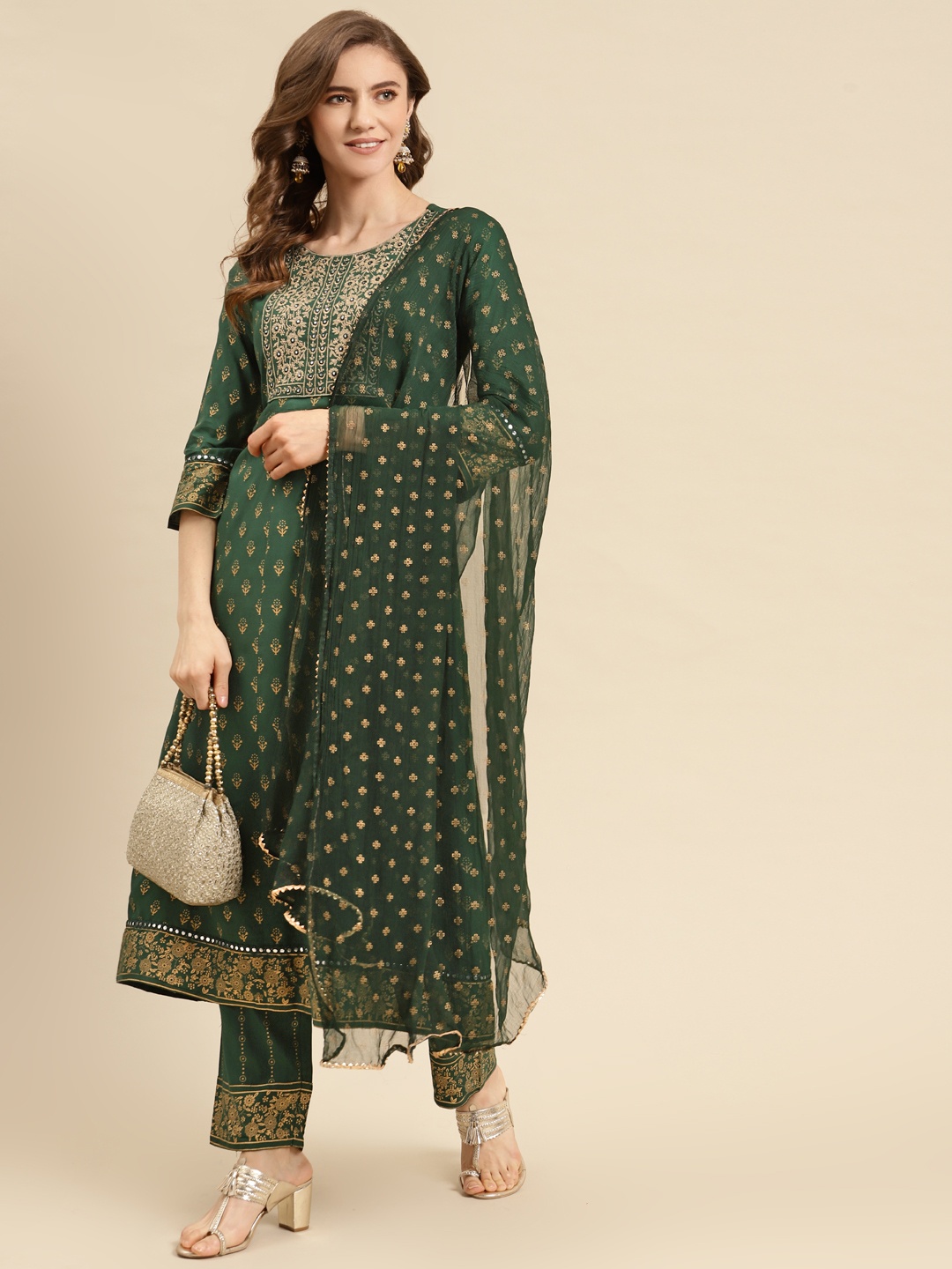 

Prakhya Women Green Ethnic Motifs Printed Kurta with Palazzos & Dupatta
