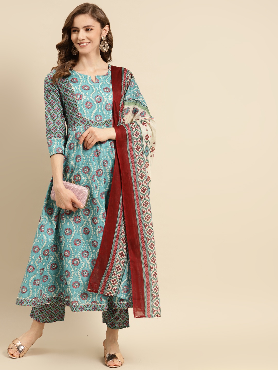 

Prakhya Women Blue Ethnic Motifs Printed Pure Cotton Kurta with Palazzos & Dupatta
