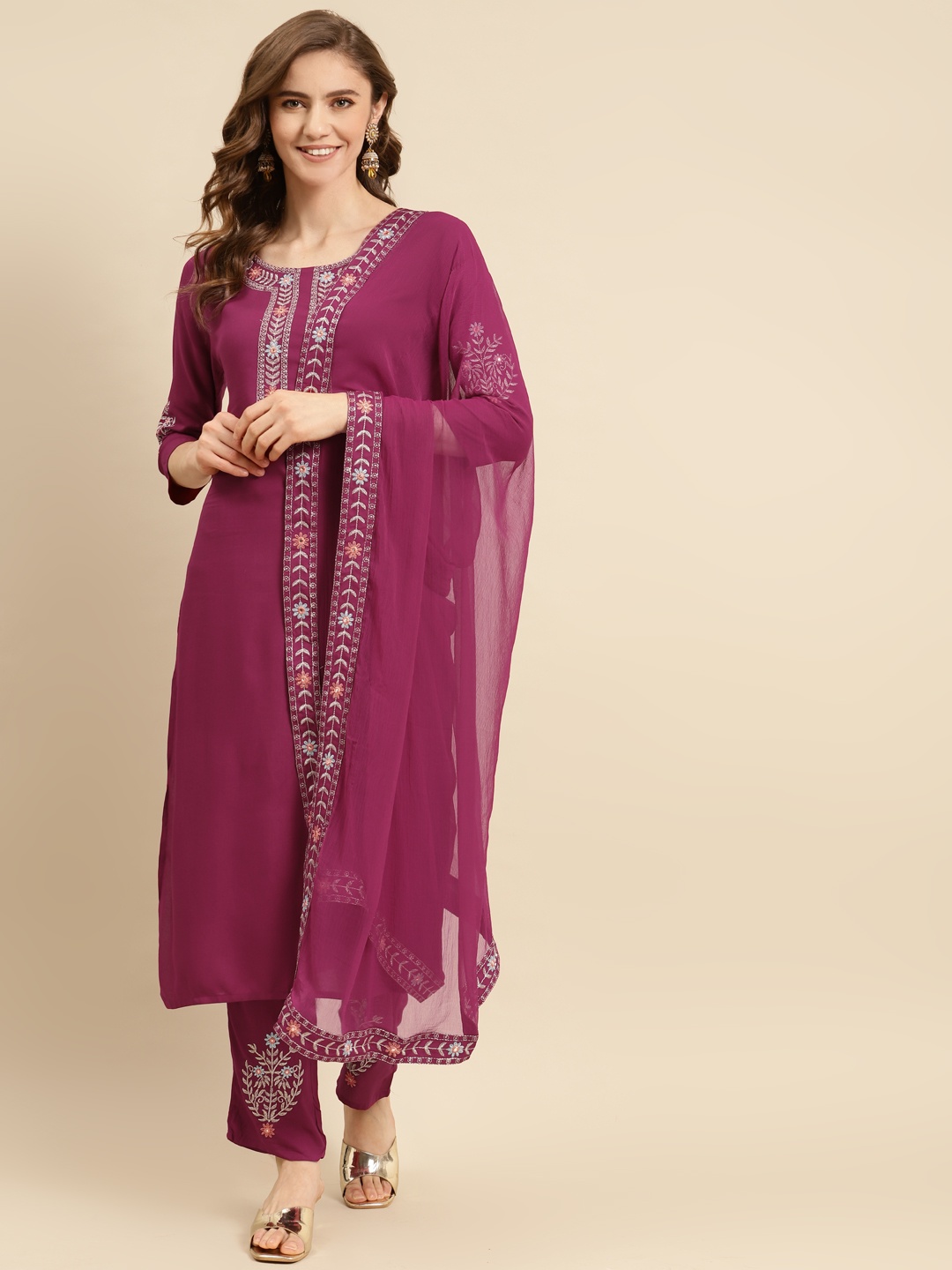 

Prakhya Women Purple Ethnic Motifs Embroidered Kurta with Palazzos & Dupatta