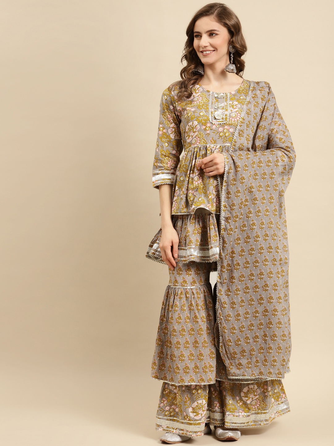 

Prakhya Women Mustard Yellow Printed Pure Cotton Kurti with Sharara & Dupatta