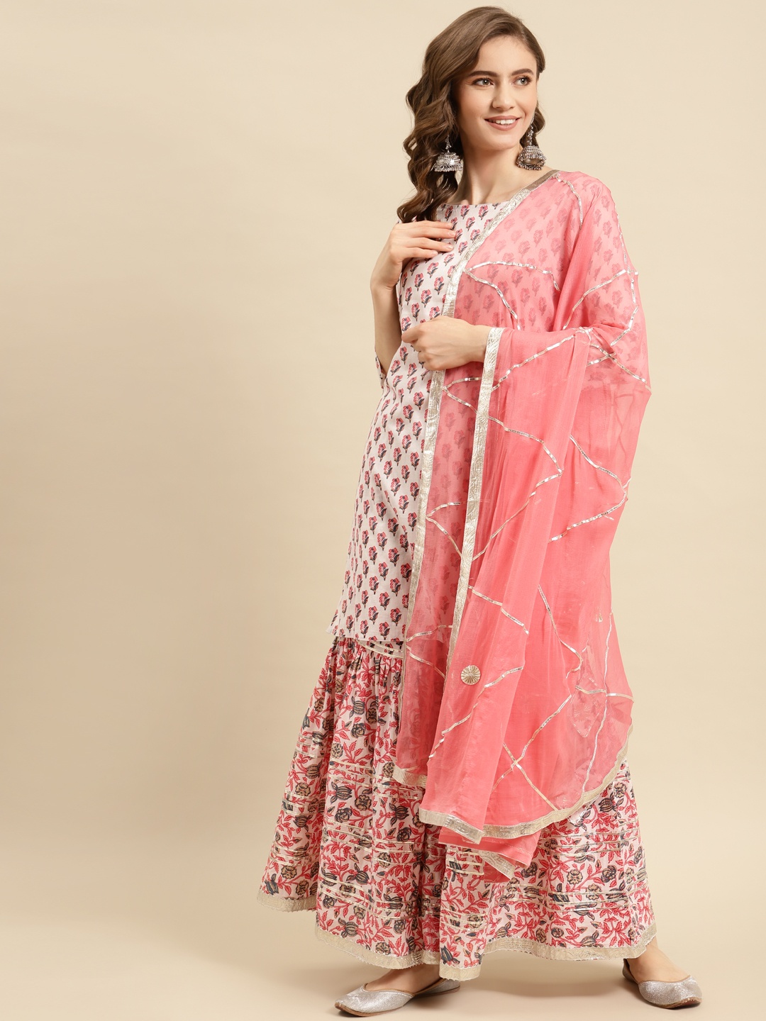 

Prakhya Women Pink Ethnic Motifs Printed Pure Cotton Kurta with Sharara & Dupatta