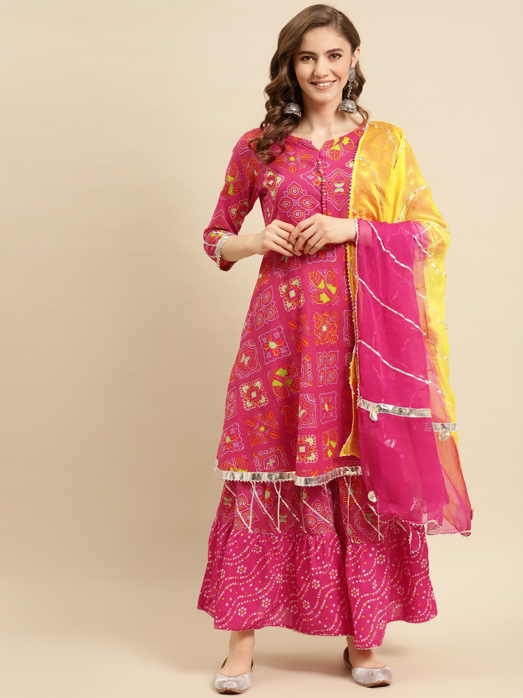 

Prakhya Women Pink Ethnic Motifs Printed Pure Cotton Kurti with Sharara & Dupatta