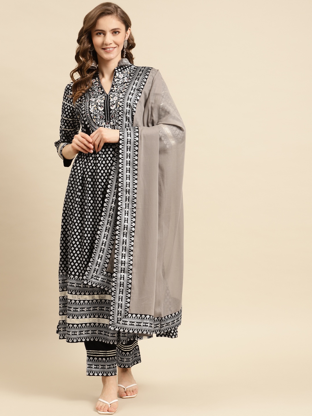 

Prakhya Women Black Printed Kurta with Palazzos & Dupatta
