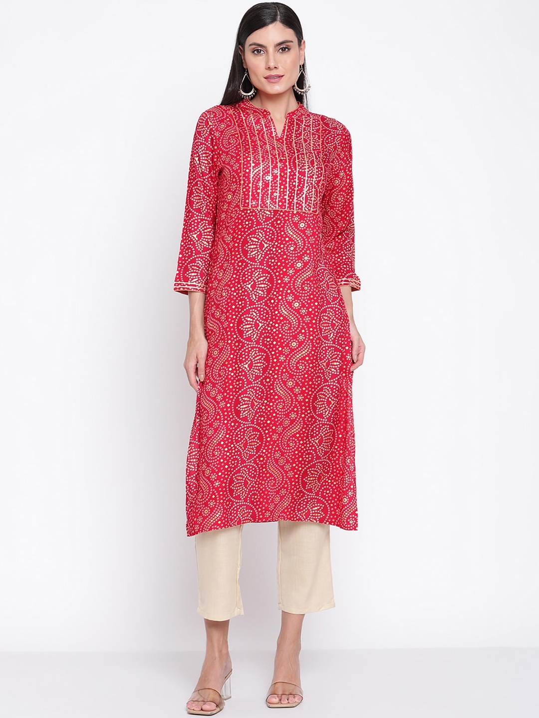 

Be Indi Women Mandarin Collar Ethnic Motifs Straight Side Slits Regular Kurta, Fuchsia