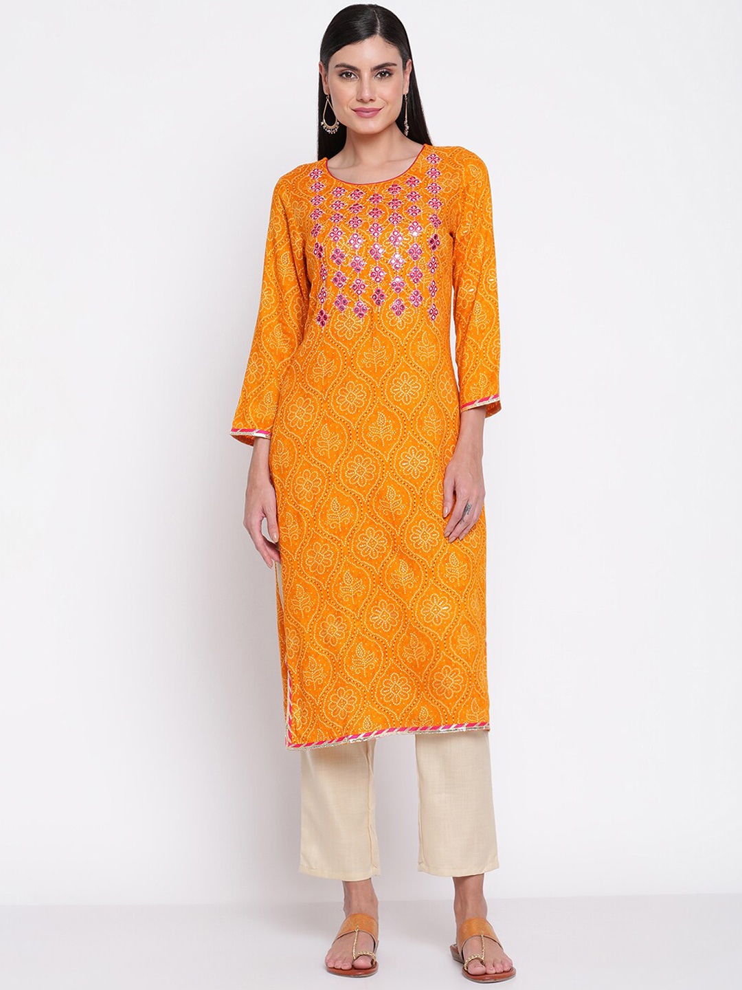 

Be Indi Women Round Neck Ethnic Motifs Straight Side Slits Regular Kurta, Mustard