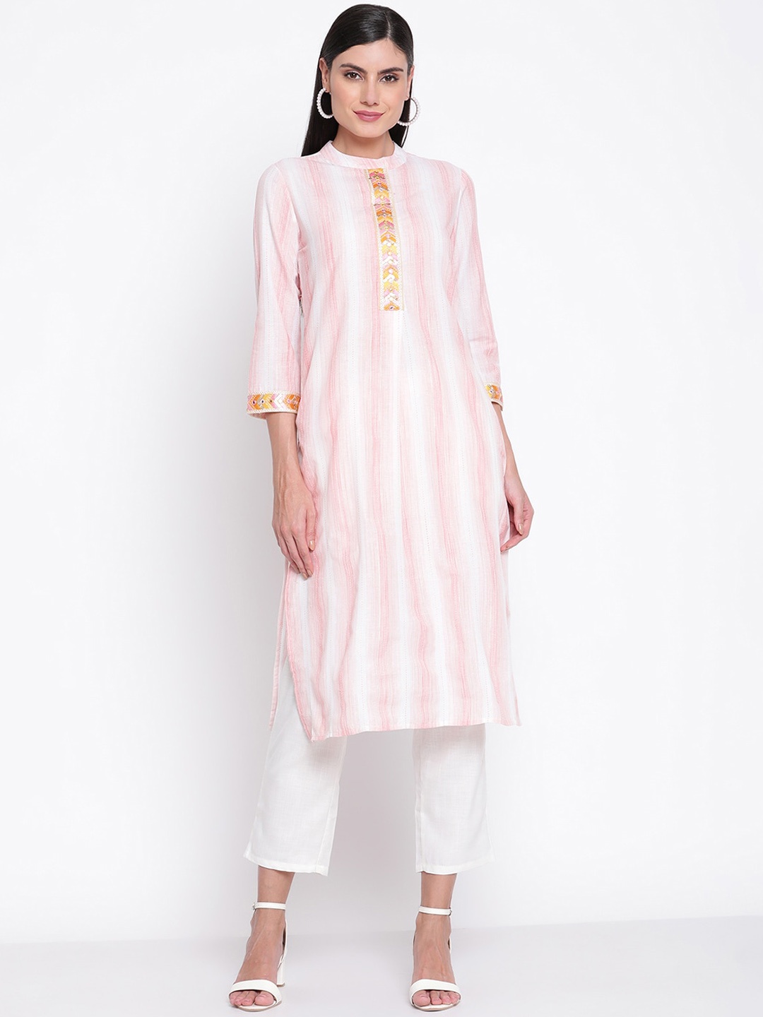 

Be Indi Women Mandarin Collar Striped Straight Side Slits Festive Kurta, Peach