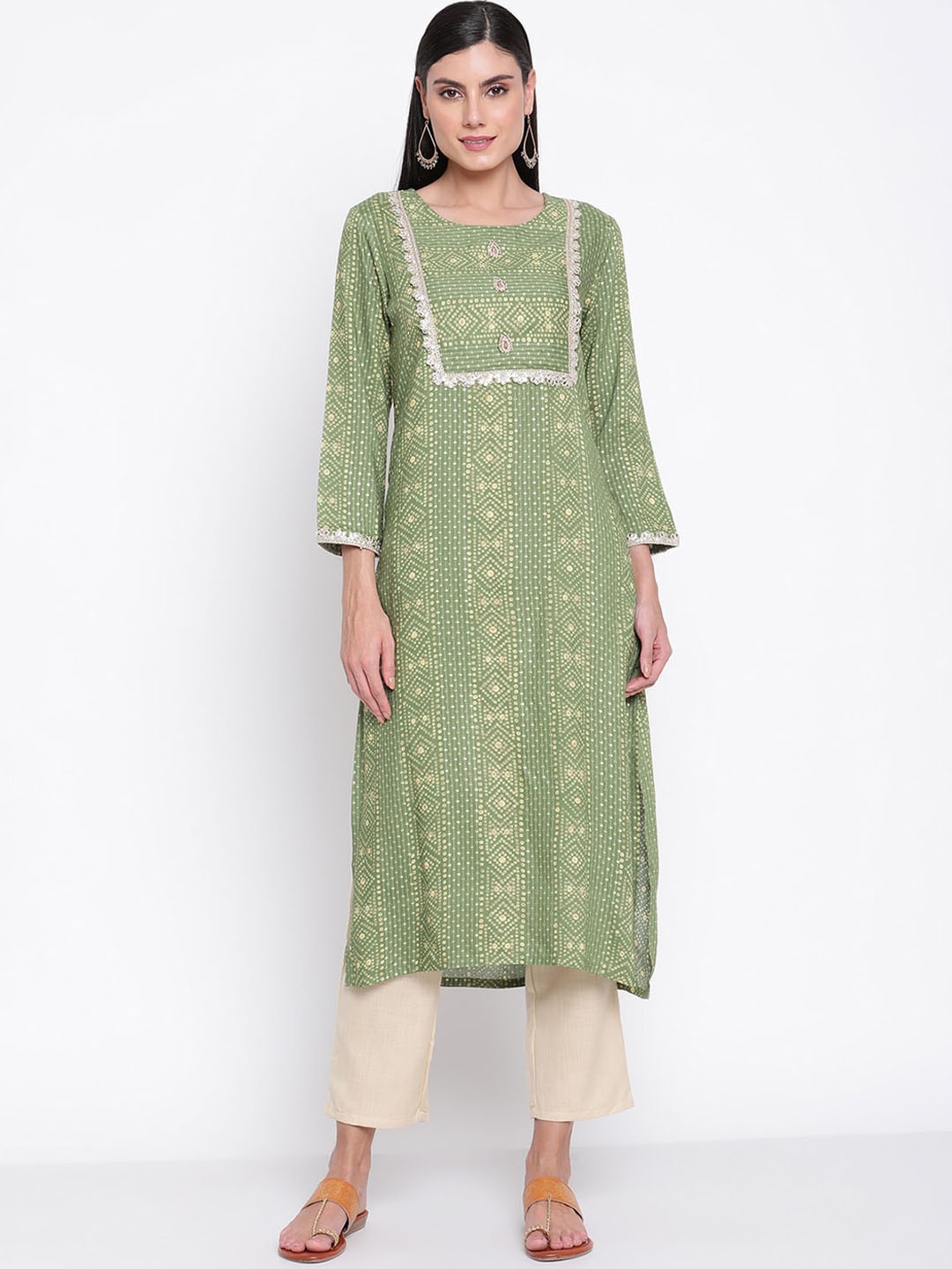 

Be Indi Women Round Neck Geometric Straight Side Slits Festive Kurta, Green