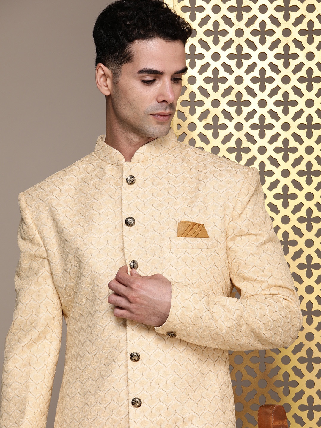 

House of Pataudi Embroidered Jashn Thread Work Sherwani, Beige