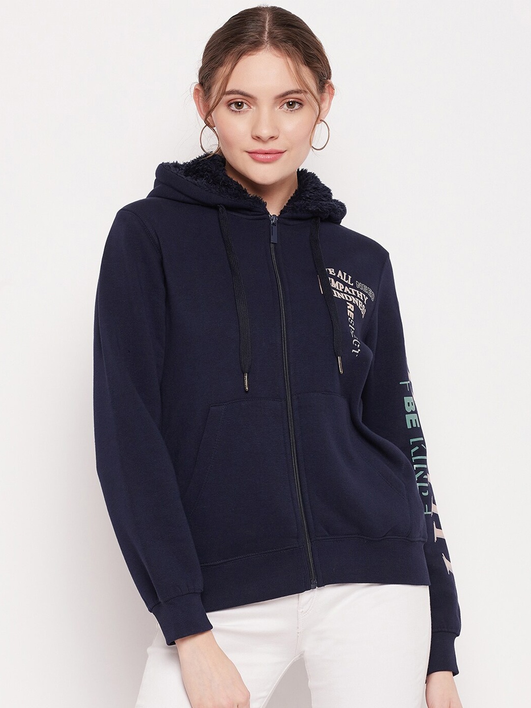 

Madame Women Navy Blue Printed Fleece Sweatshirt