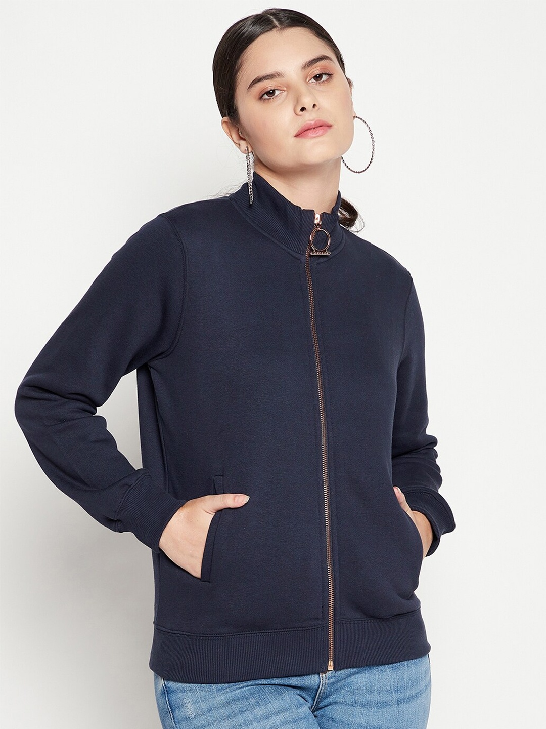 

Madame Women Navy Blue Front Open Sweatshirt