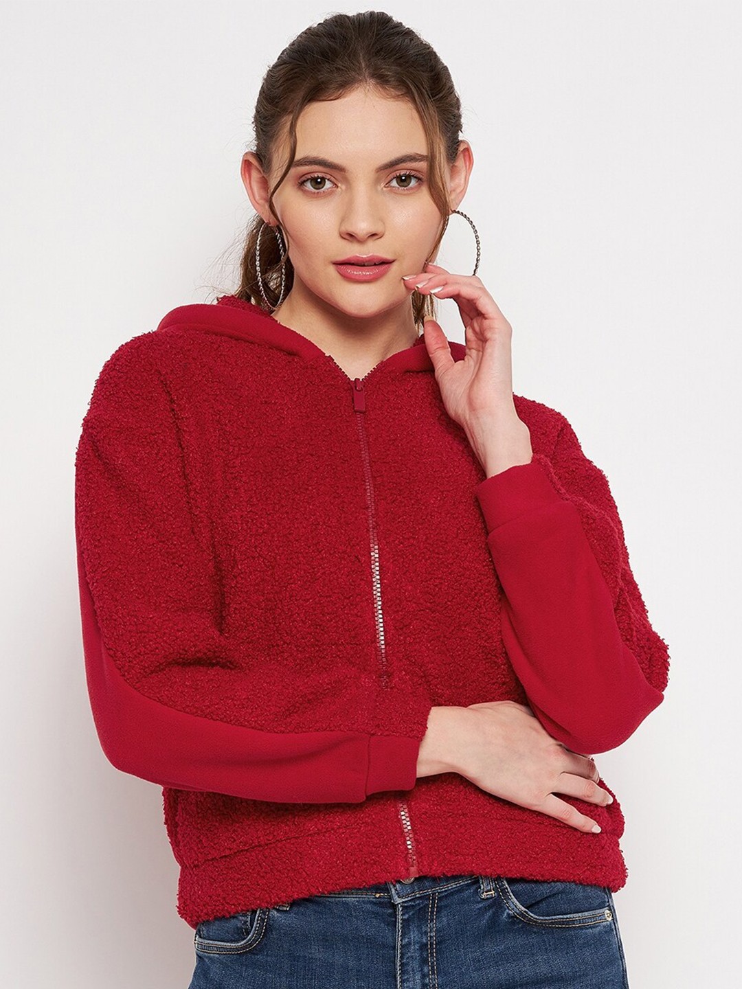 

CAMLA Women Red Self Design Hooded Sweatshirt