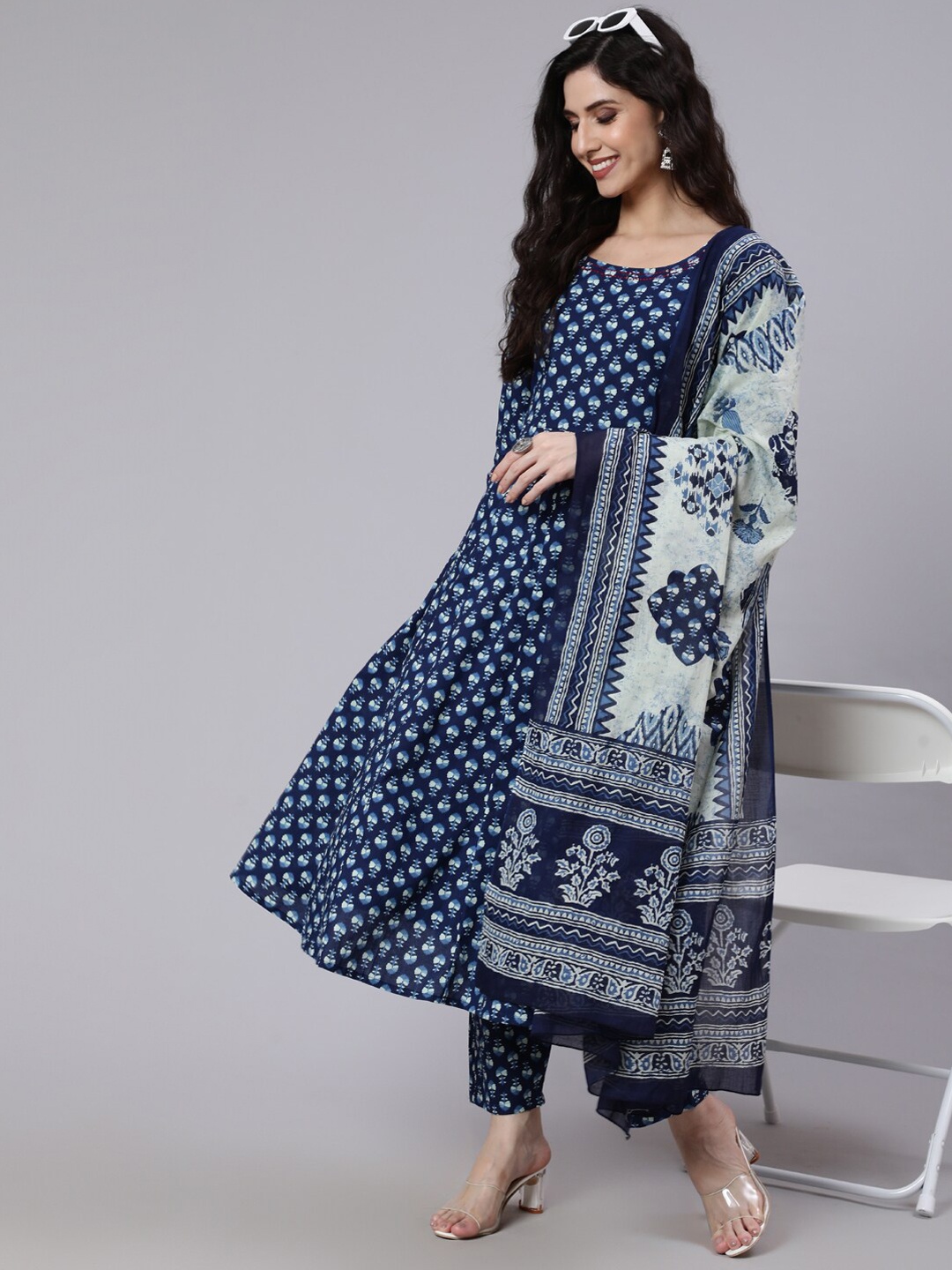 

THE NKS PLUS Women Blue Ethnic Motifs Printed Pure Cotton Kurta with Trousers & With Dupatta