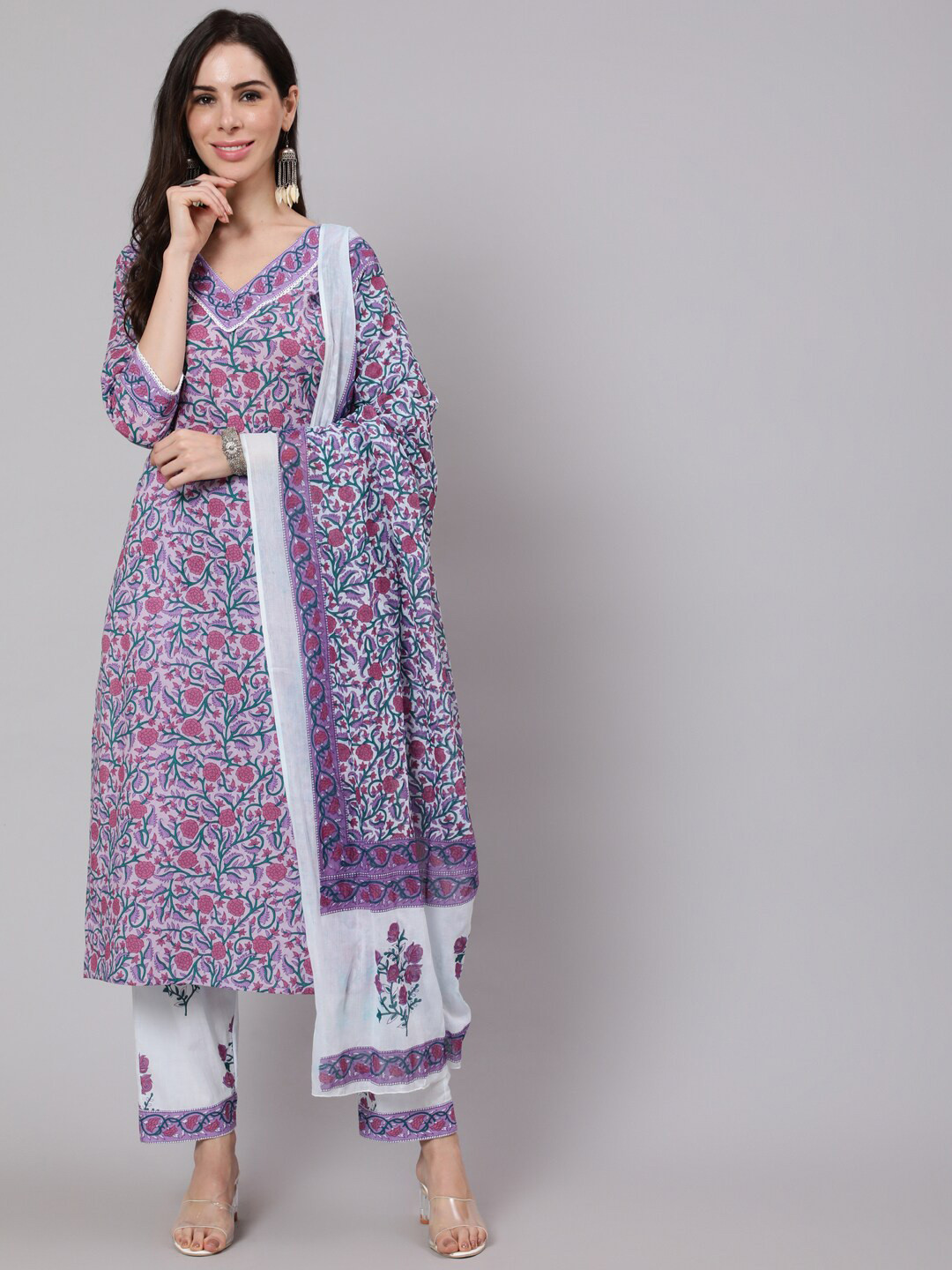 

THE NKS PLUS Women Purple Floral Printed Pure Cotton Kurta with Trousers & Dupatta