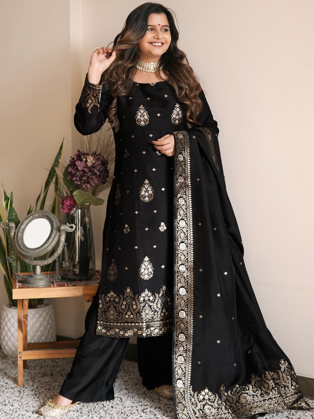 

Libas Women Black Pure Silk Kurta with Palazzos & With Dupatta