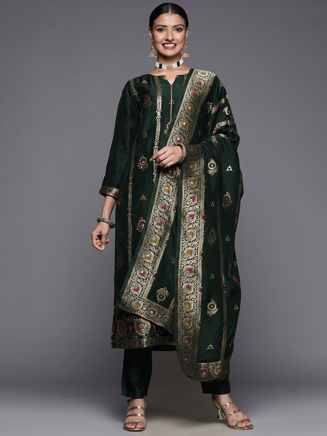 

Libas Women Green Floral Embroidered Kurta with Palazzos & With Dupatta