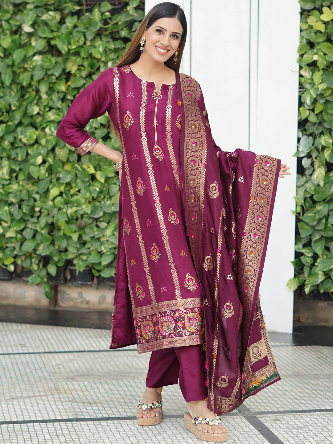 

Libas Women Magenta Ethnic Motifs Kurta with Trousers & Dupatta