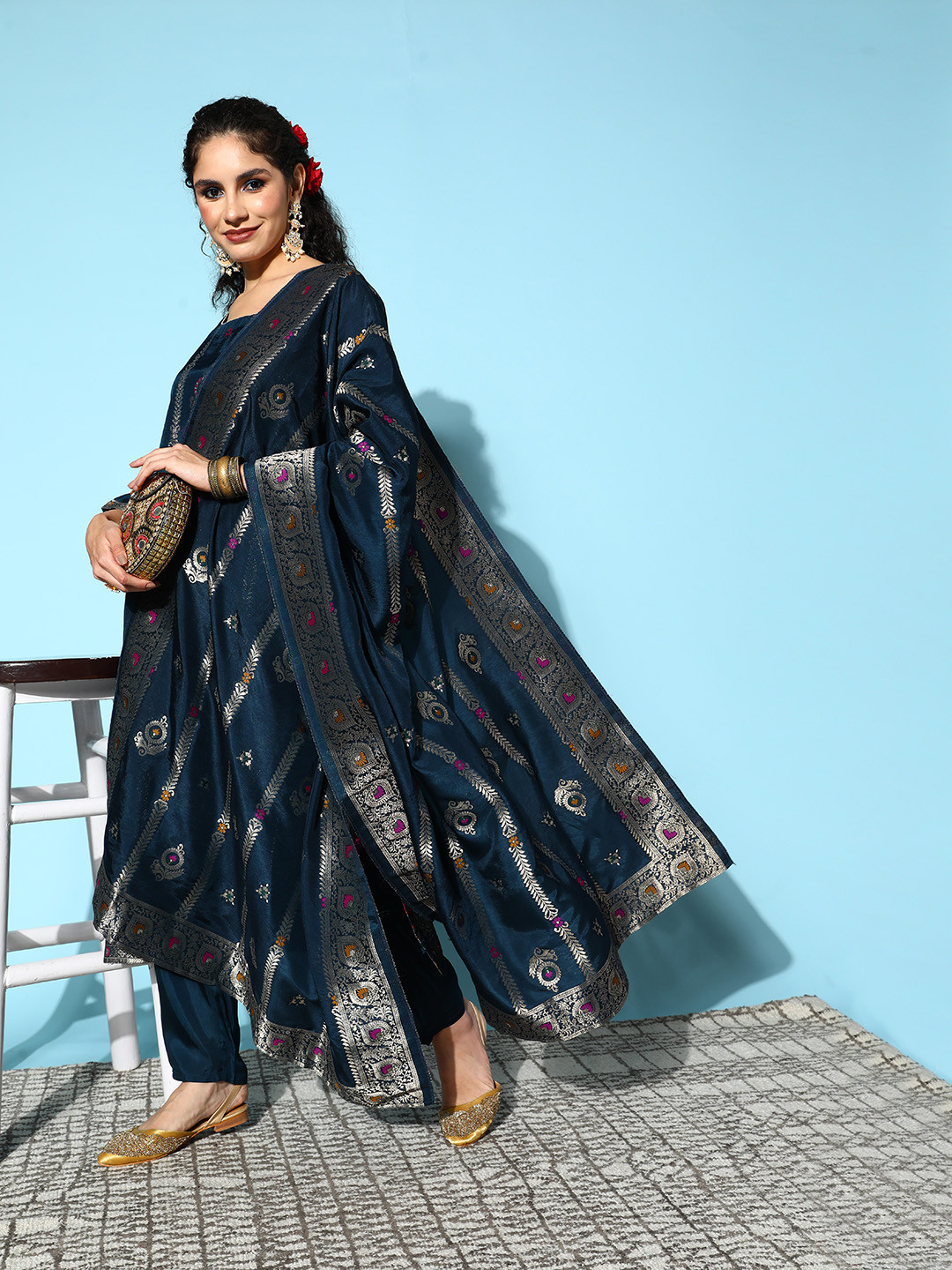 

Libas Women Navy Blue Ethnic Motifs Kurta with Trousers & With Dupatta