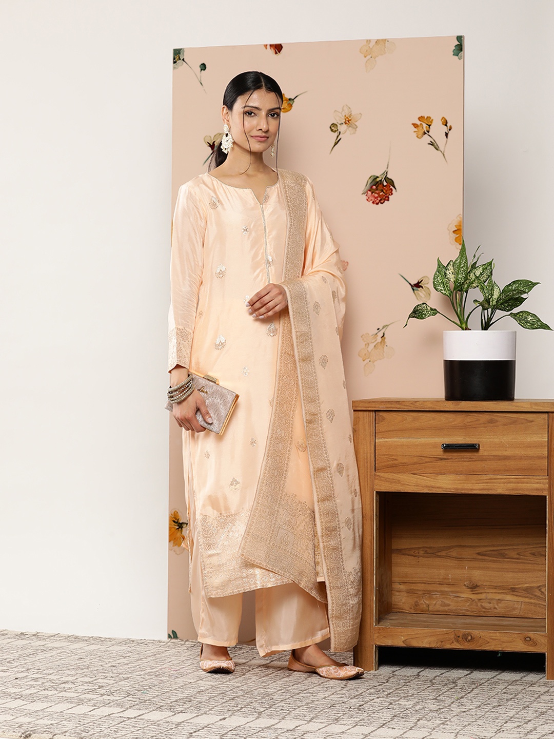 

Libas Women Peach-Coloured Woven Design Kurta with Palazzos & Dupatta