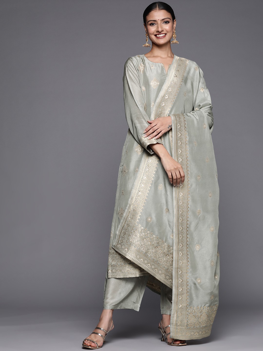 

Libas Women Grey Chanderi Silk Kurta with Palazzos & With Dupatta