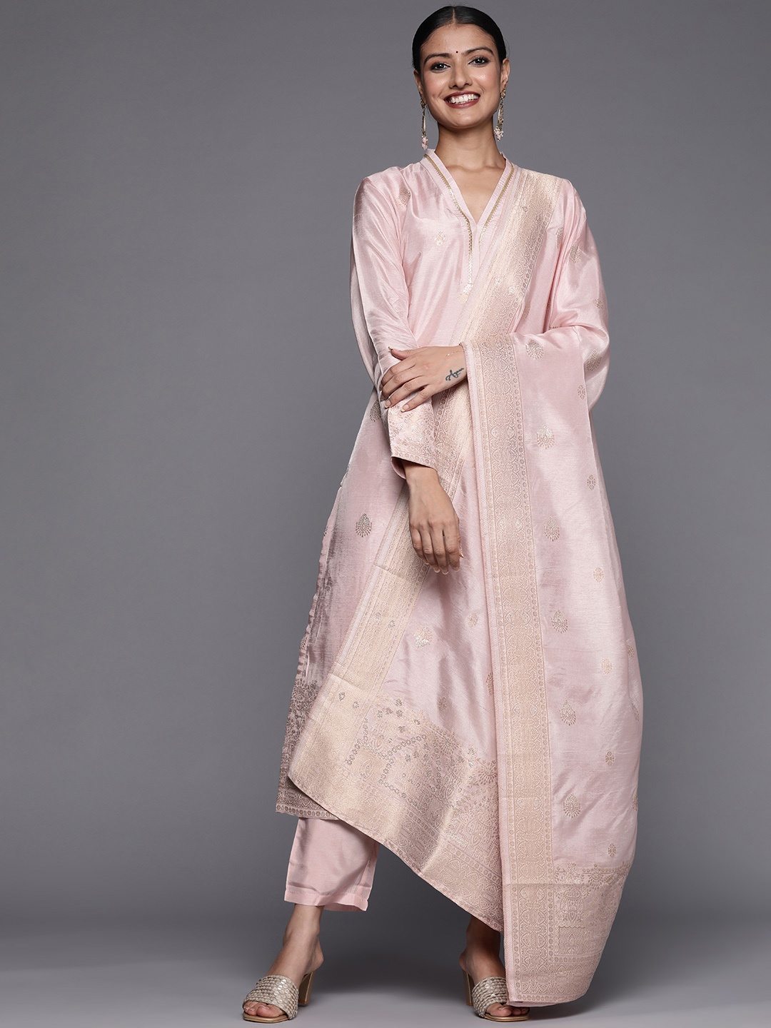 

Libas Women Pink Chanderi Silk Kurta with Trousers & With Dupatta