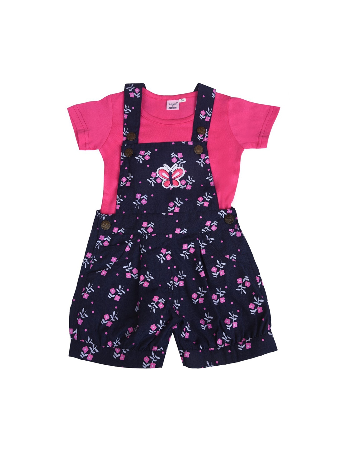 

POMY & JINNY Infant Kids Blue & Pink Printed Cotton Slim-Fit Dungarees With T-Shirt