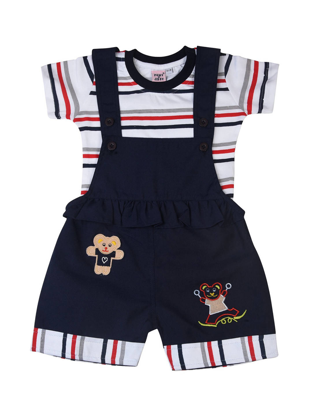 

POMY & JINNY Infant Kids Blue & White Printed Cotton Slim-Fit Dungarees With T-Shirt