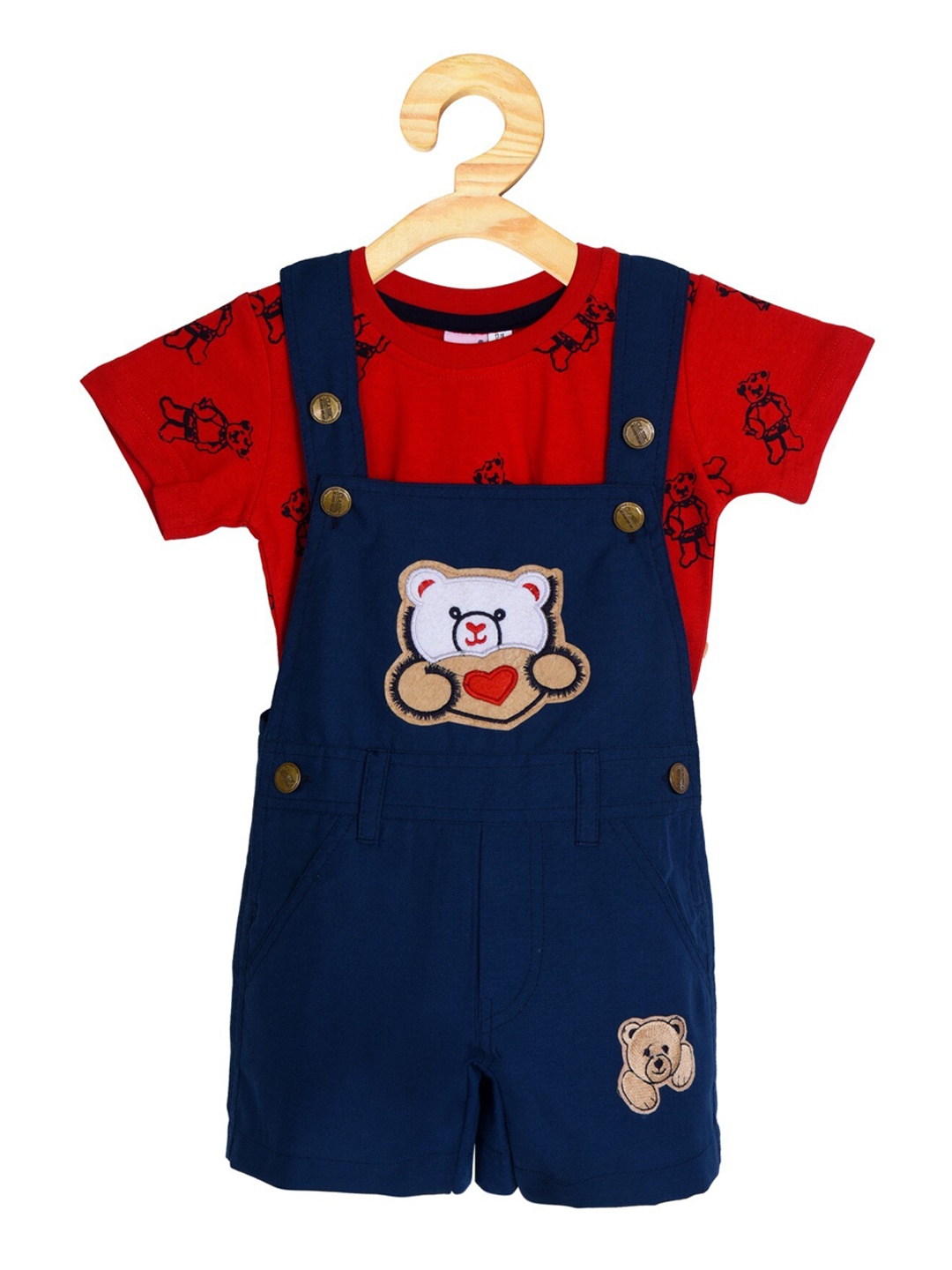 

POMY & JINNY Infant Kids Blue & Red Printed Cotton Slim-Fit Dungarees With T-Shirt