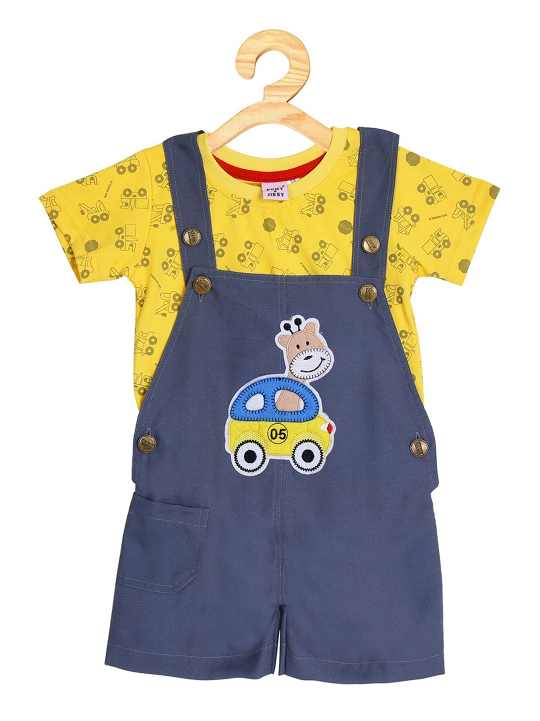 

POMY & JINNY Infant Kids Grey & Yellow Printed Cotton Slim-Fit Dungarees With T-Shirt