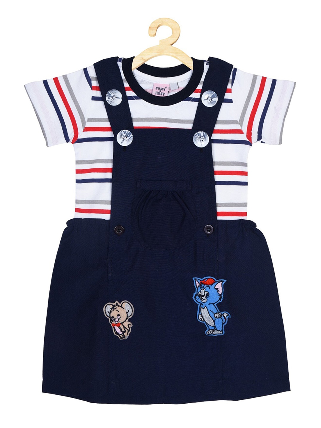 

POMY & JINNY Infant Girls Blue & White Printed Cotton Slim-Fit Dungarees With T-Shirt