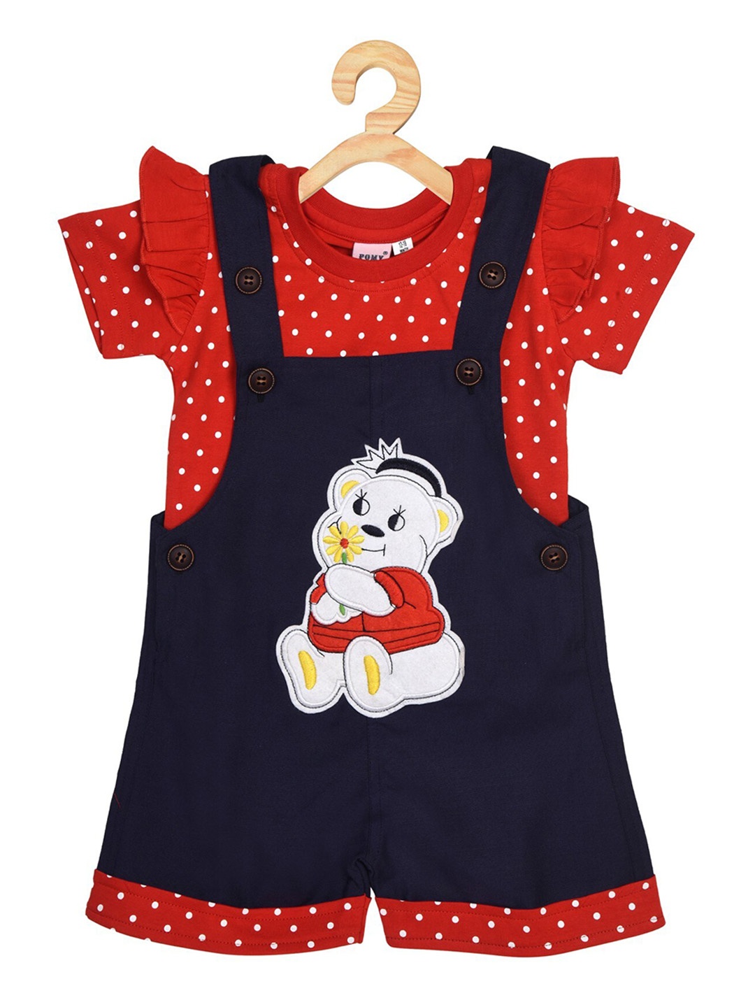 

POMY & JINNY Girls Blue Cotton Denim Dungarees With Red Printed Top
