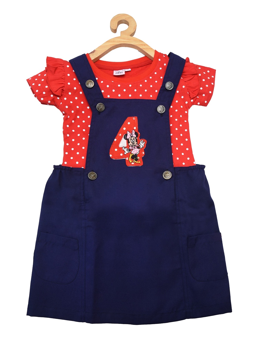 

POMY & JINNY Infant Girls Blue Solid Denim Dungarees With Red Printed Cotton Top