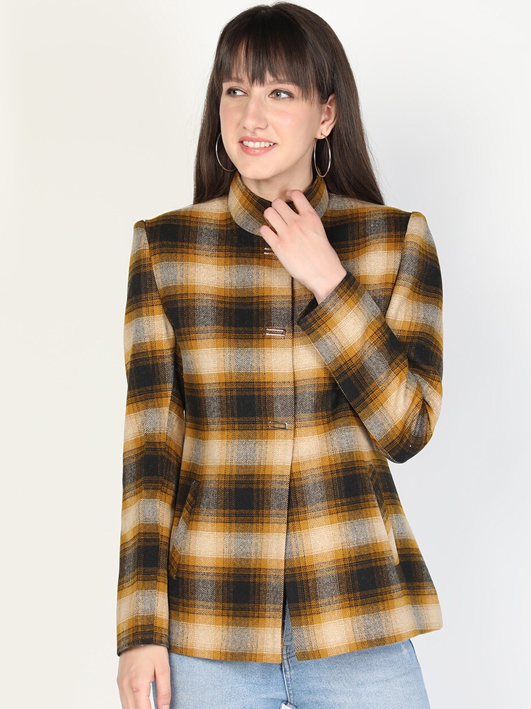 

PROTEX Women Mustard Checked Winter Stylish Coat, Brown