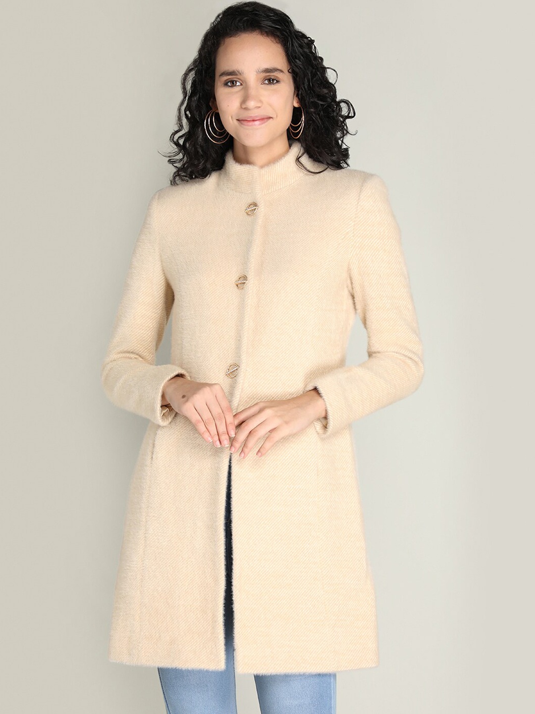 

PROTEX Women Camel Brown Solid Winter Overcoat, Cream