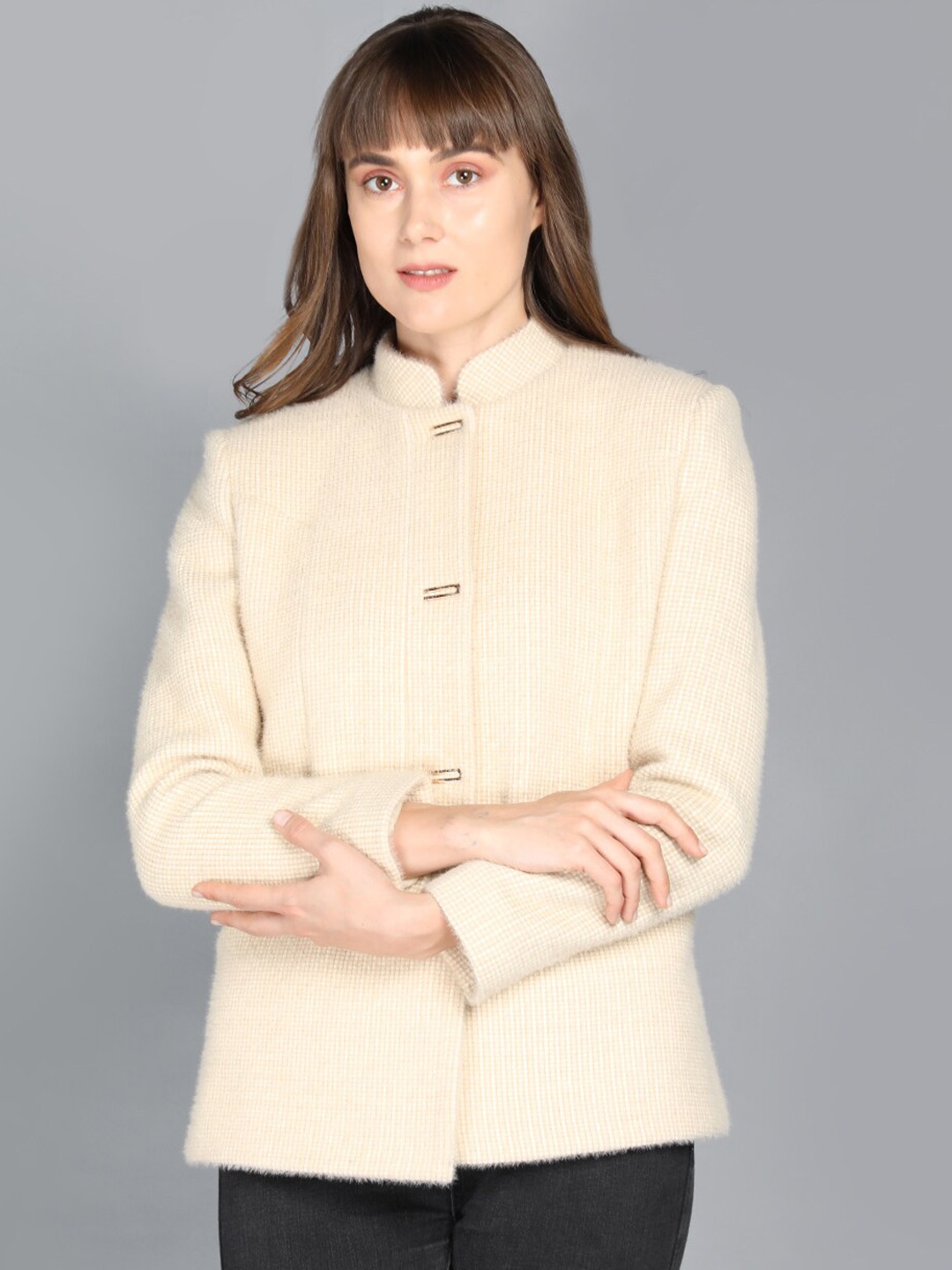 

PROTEX Women Cream-Coloured Solid Woolen Casual Coat
