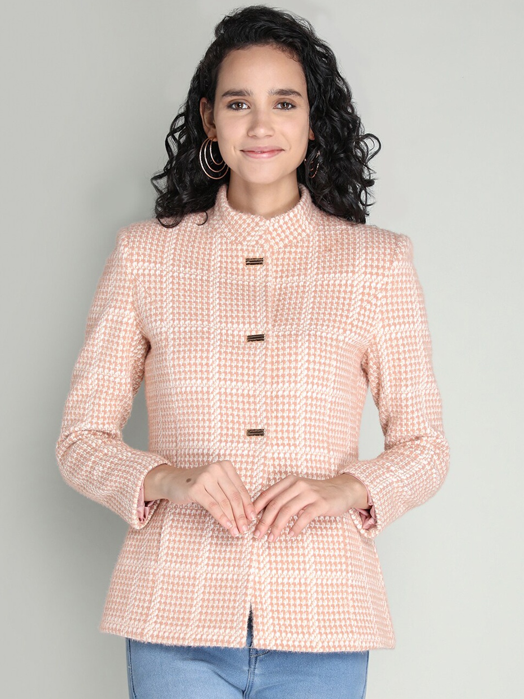 

PROTEX Women Peach-Coloured Checked Winter Stylish Coat