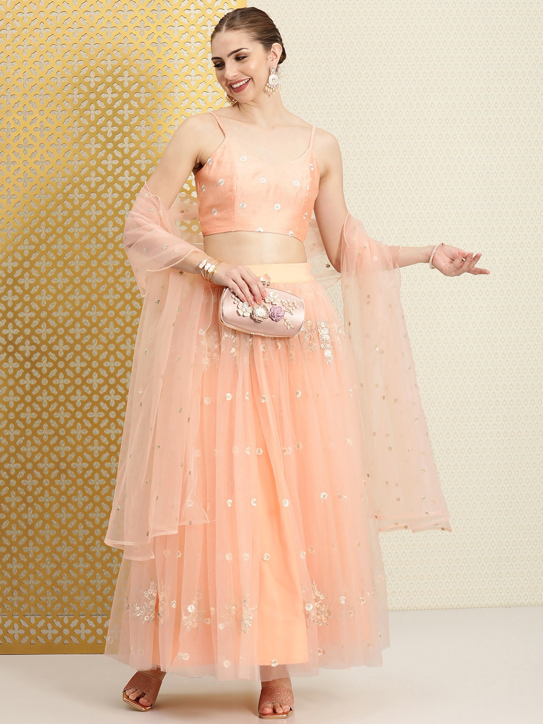 

House of Pataudi Net Sequinned Ready To Wear Jashn Lehenga & Choli With Dupatta, Peach