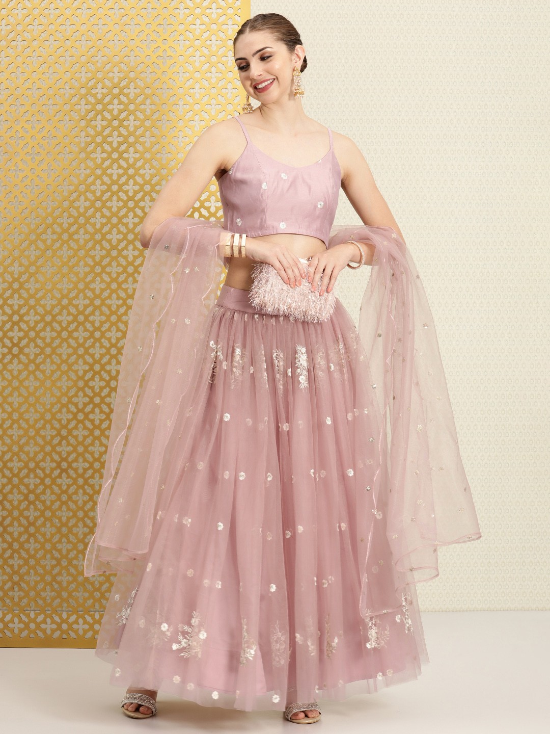 

House of Pataudi Net Sequinned Ready To Wear Jashn Lehenga & Blouse With Dupatta, Mauve